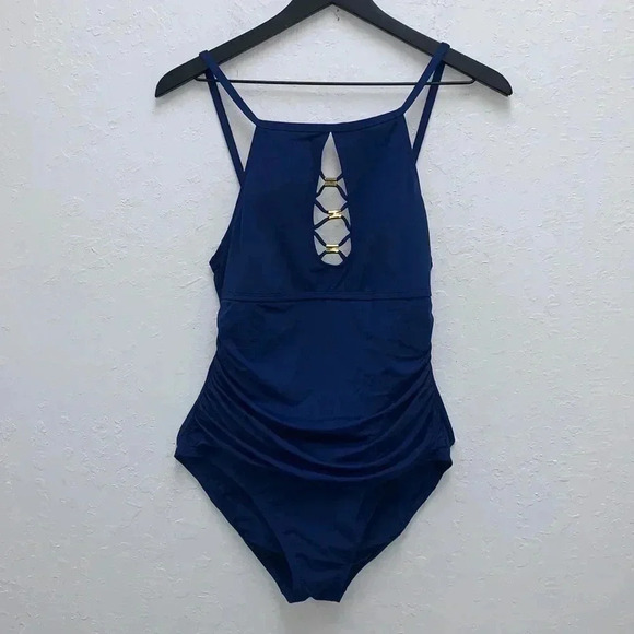 Bleu Rod Beattie Navy High Neck Strappy Swimsuit Size 6 - Picture 2 of 7